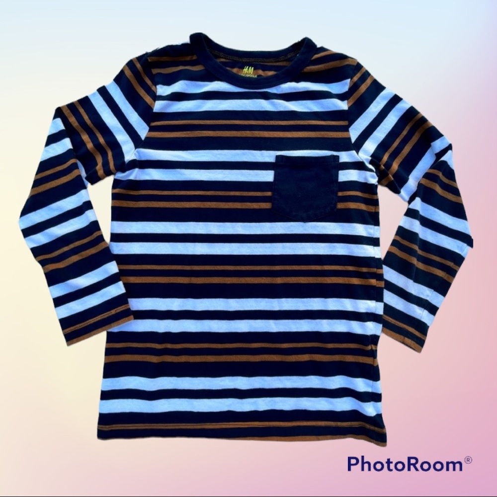 H&M Long Sleeve Tee Boys Sz 6-8 White/Brown/Black Lightweight Striped Jersey Top